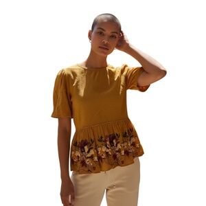 Anthropologie Bhanuni by‎ Jyoti Mustard Yellow Embellished Peplum Top Size small